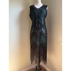 Retro 1920 Flapper Dress Emerald Green Sequin Beaded Fringe costume Gatsby whims